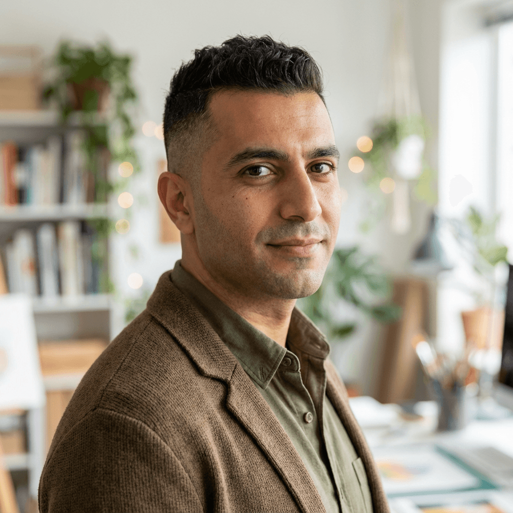 Edmon Vardanyan, founder of IDQ Luxury Interiors, in a modern Brooklyn studio