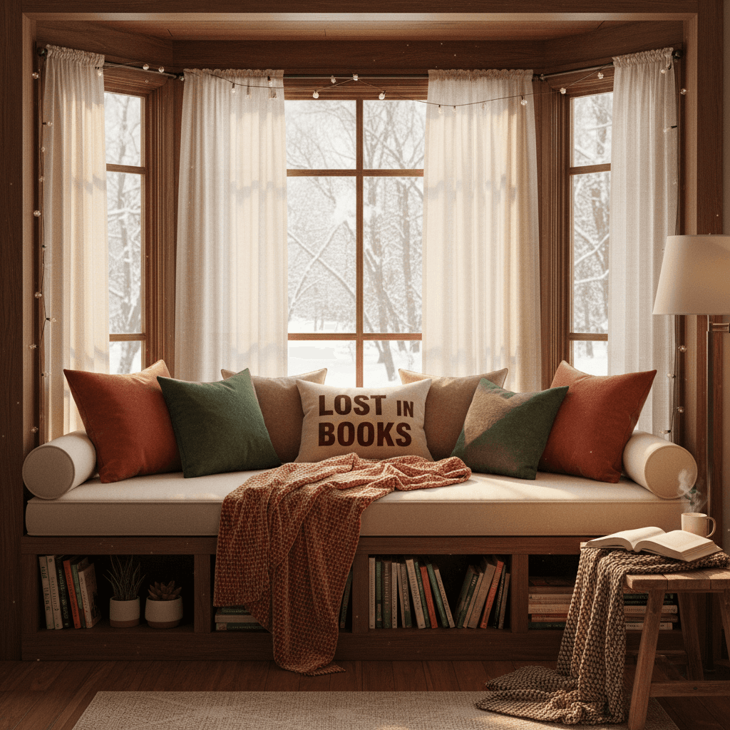Reading nook with built-in window seat and soft lighting