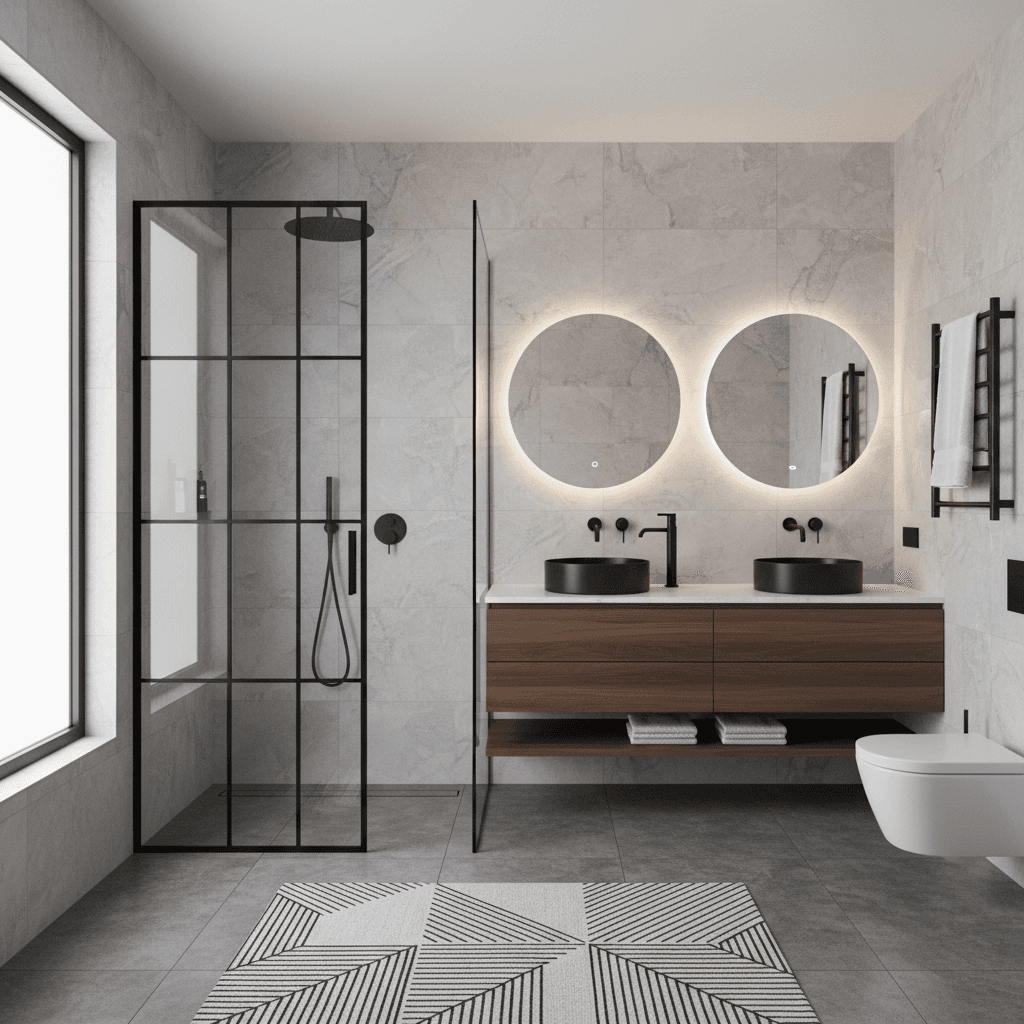 Bathroom renovation with walk-in rain shower and floating vanity