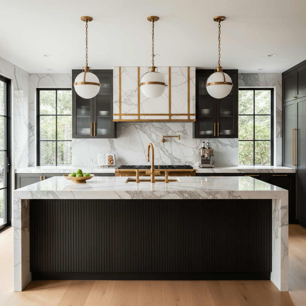 Kitchen remodel with white marble island and brass pendant lights