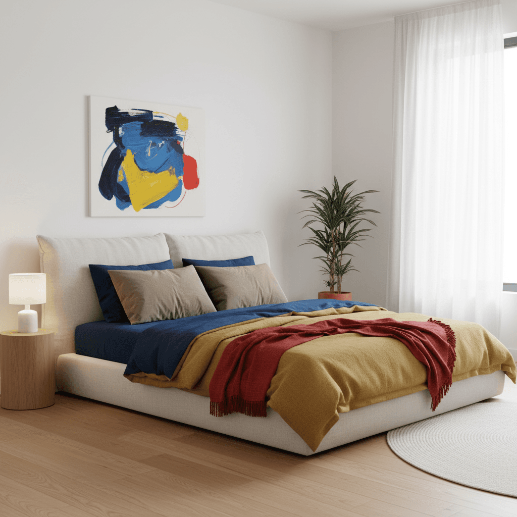 Primary bedroom with linen bedding and custom headboard wall