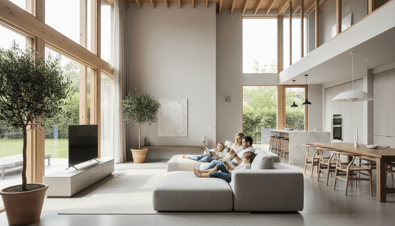 Family relaxing in a modern open plan living room with natural light