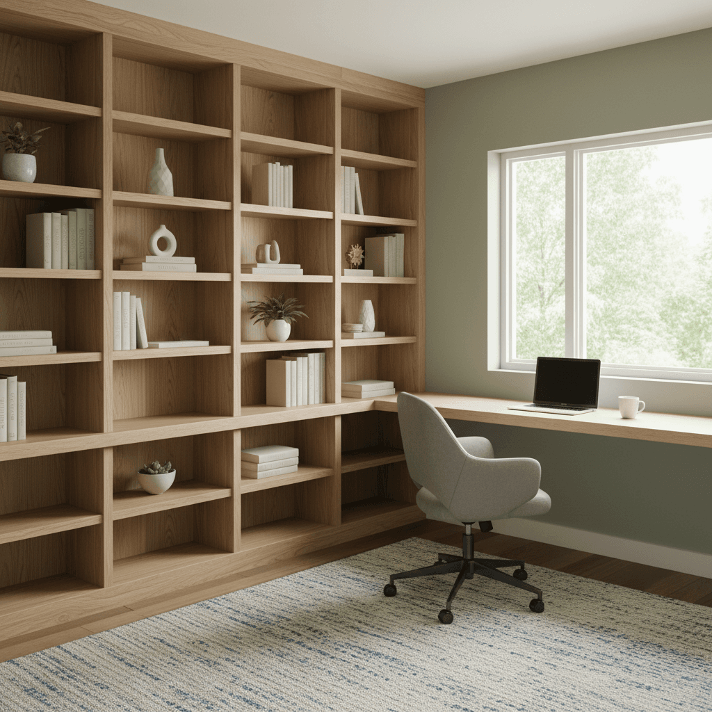 Home office with floor-to-ceiling shelving and minimalist desk