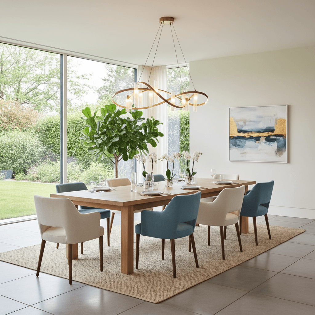 Dining room with sculptural pendant and oak dining table