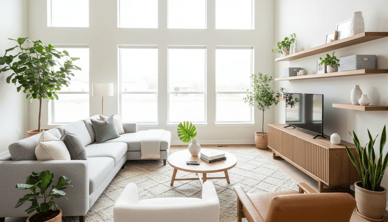 Refined living room with neutral tones, natural light, and contemporary furniture