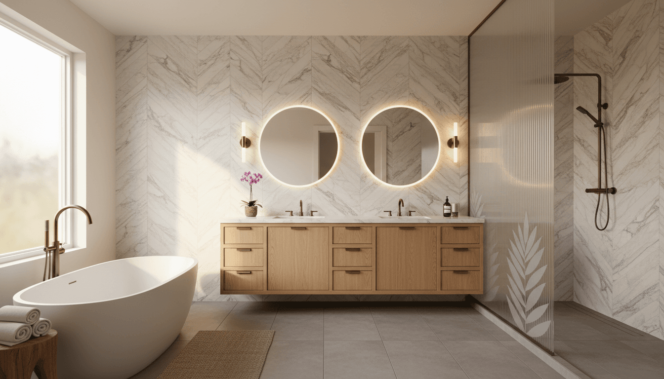 Powder room with limewash walls and a marble vanity