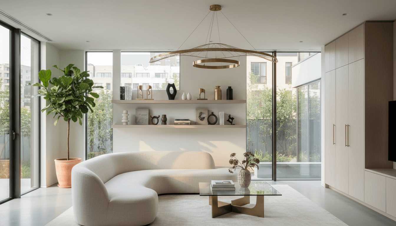 Living room with layered neutral textiles and a tall floor lamp