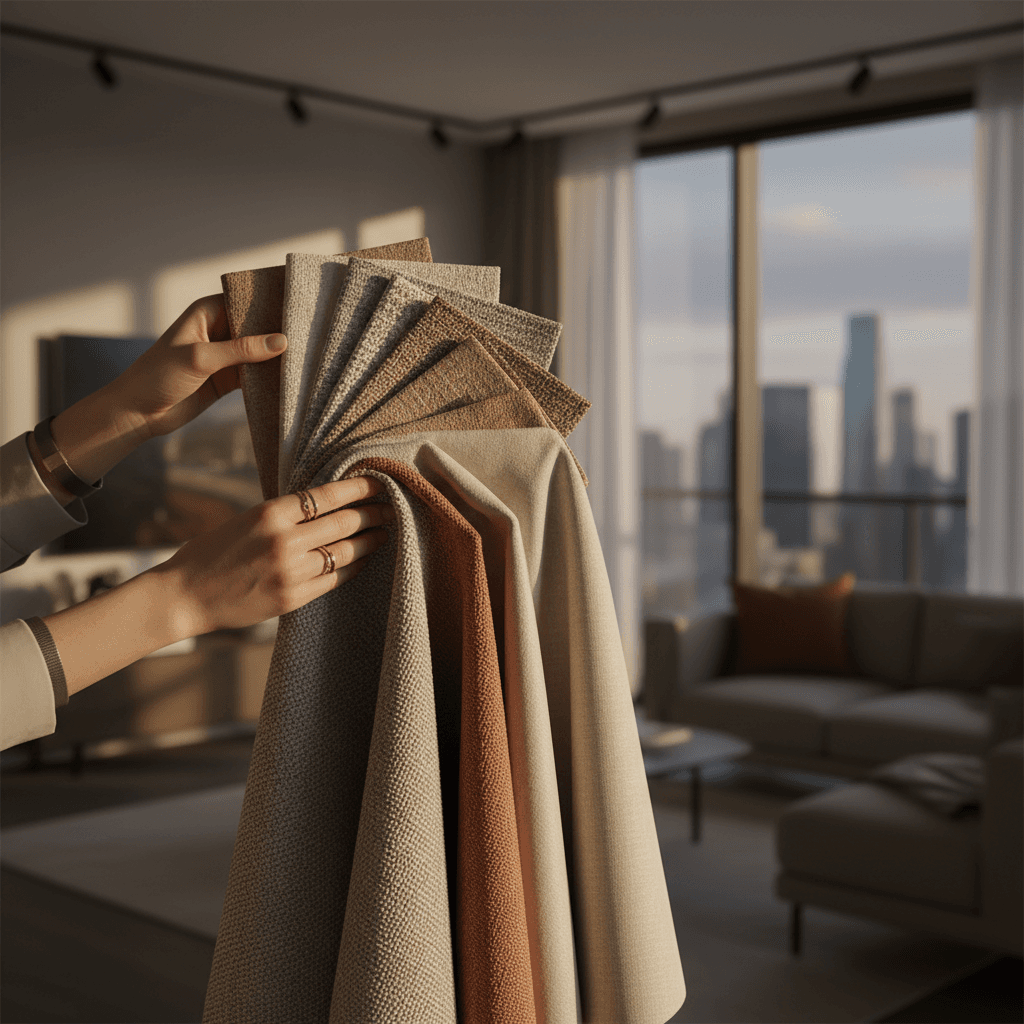 Designer reviewing fabric samples in a bright studio