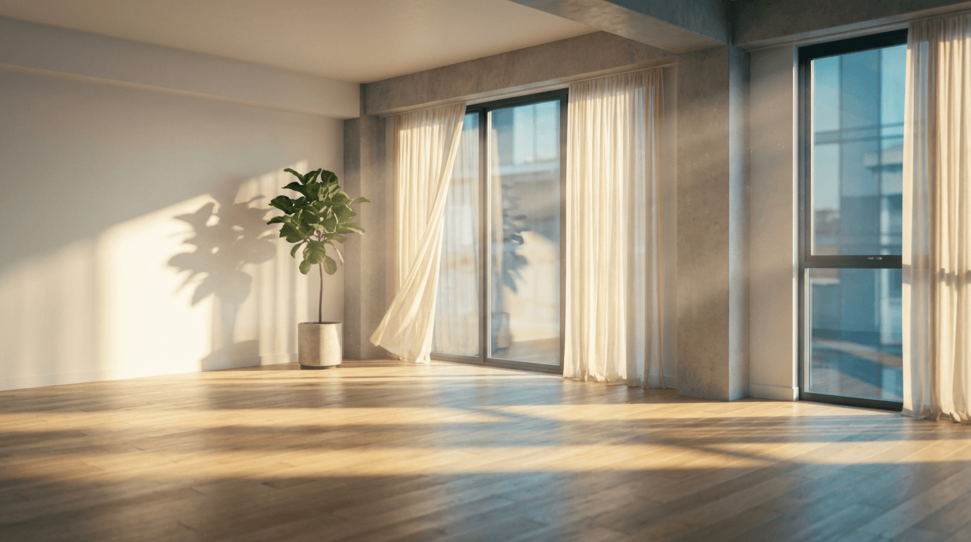 Natural light on a textured plaster wall with a linen chair